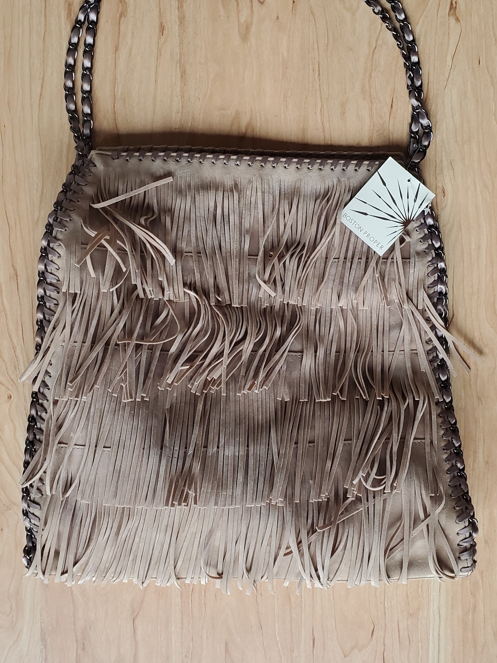 New Fringed Shoulder Bag in Taupe By Boston Proper